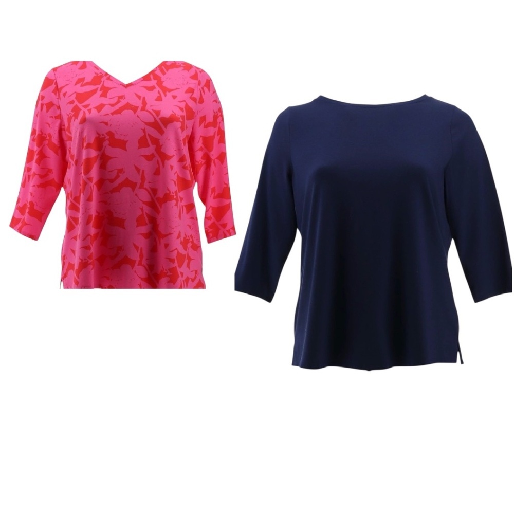 Belle Kim Gravel Knit Tops 2 pcs Set TripleLuxe 3/4 Sleeve Floral & Twilight